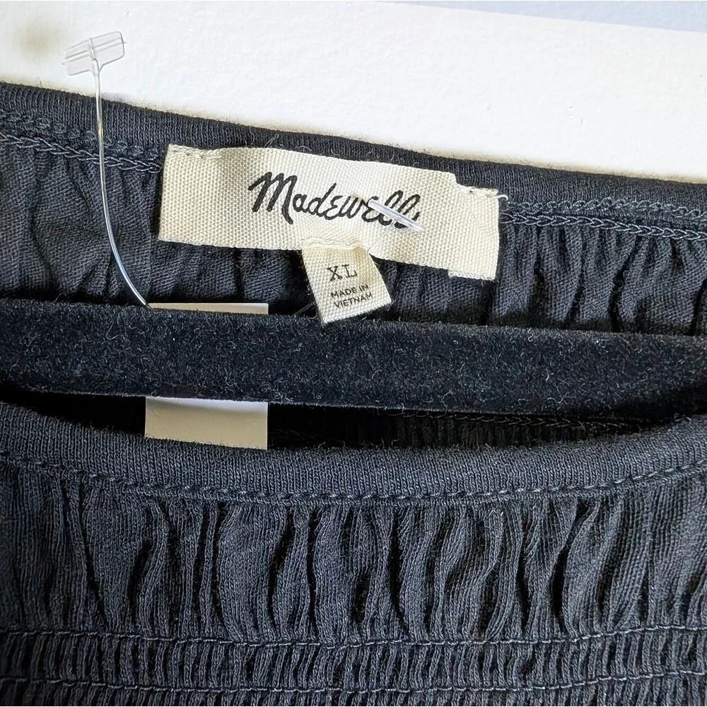 Madewell Smocked Boatneck Puff Sleeve Top Jet Black Slim XL Minimalist Feminine